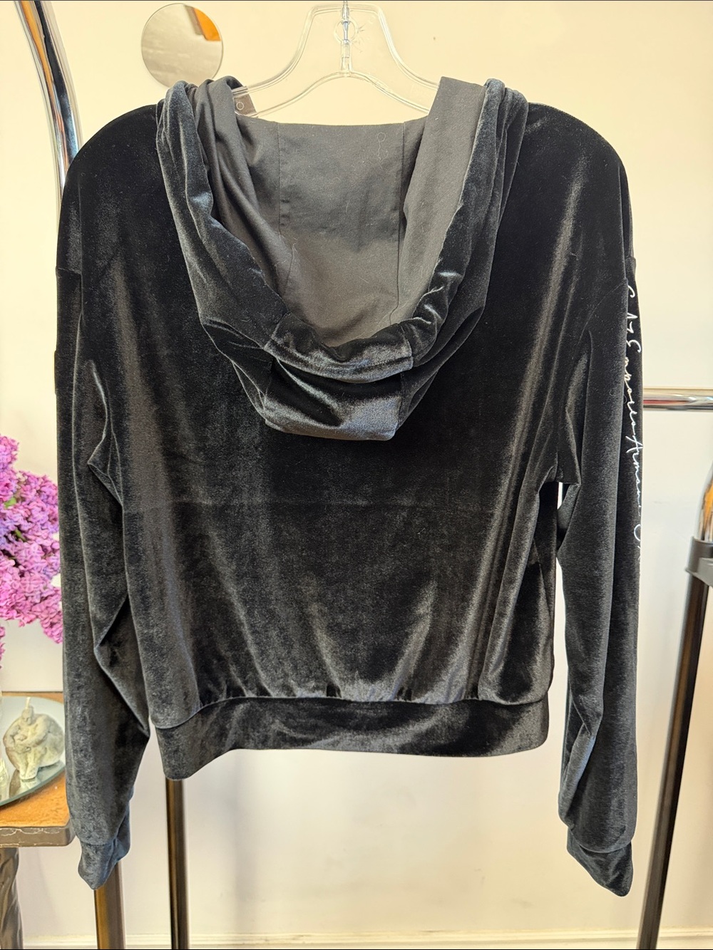EA7 Emporio Armani Black Velvet Zip Hoodie Size S Cropped - Picture 5 of 10